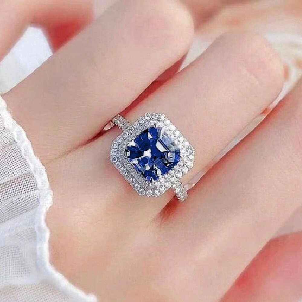 NEW 14k White Gold Blue Sapphire Diamond Ring Band Halo Ring
